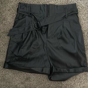 Lulus black vegan leather cuffed belted black shorts